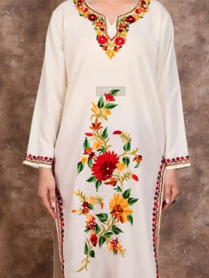 Sunflower Sprout Aari Embroidered Cotton White Kurti