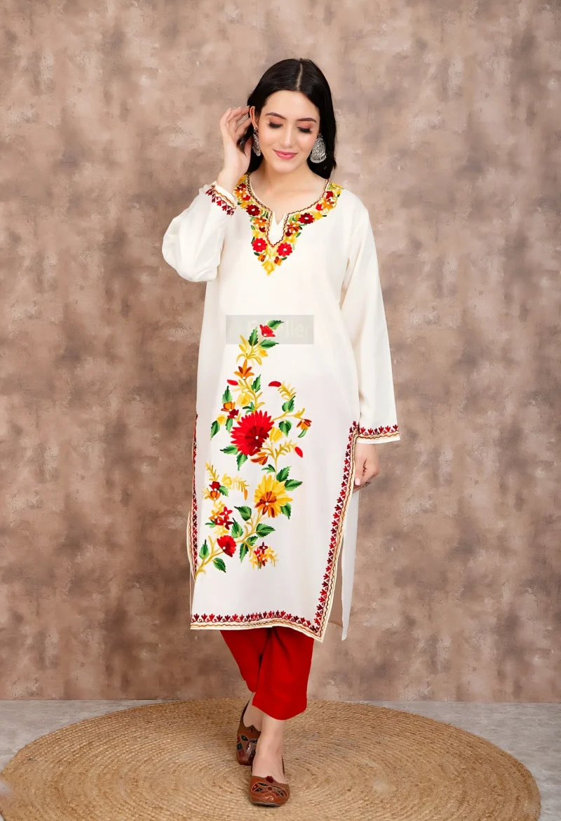 Sunflower Sprout Aari Embroidered Cotton White Kurti