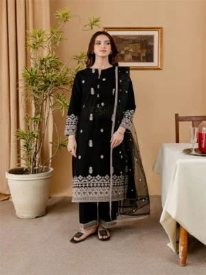 Three Pcs Suit With Hand Embroidary Work In Premium Slave Cotton Fabric Black bd eseller price